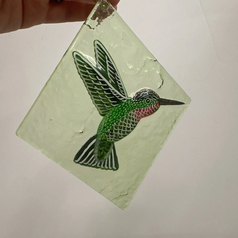 Vintage Hummingbird Suncatcher Stained Glass Diamond Window Hang Ruby-Throated